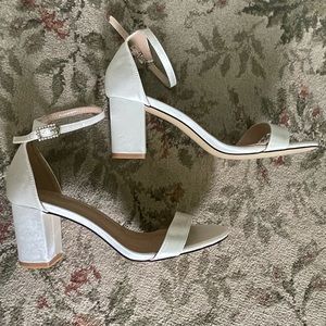 Women’s Satin Chunky Heel Peep Toe Sandals with Crystal Buckle